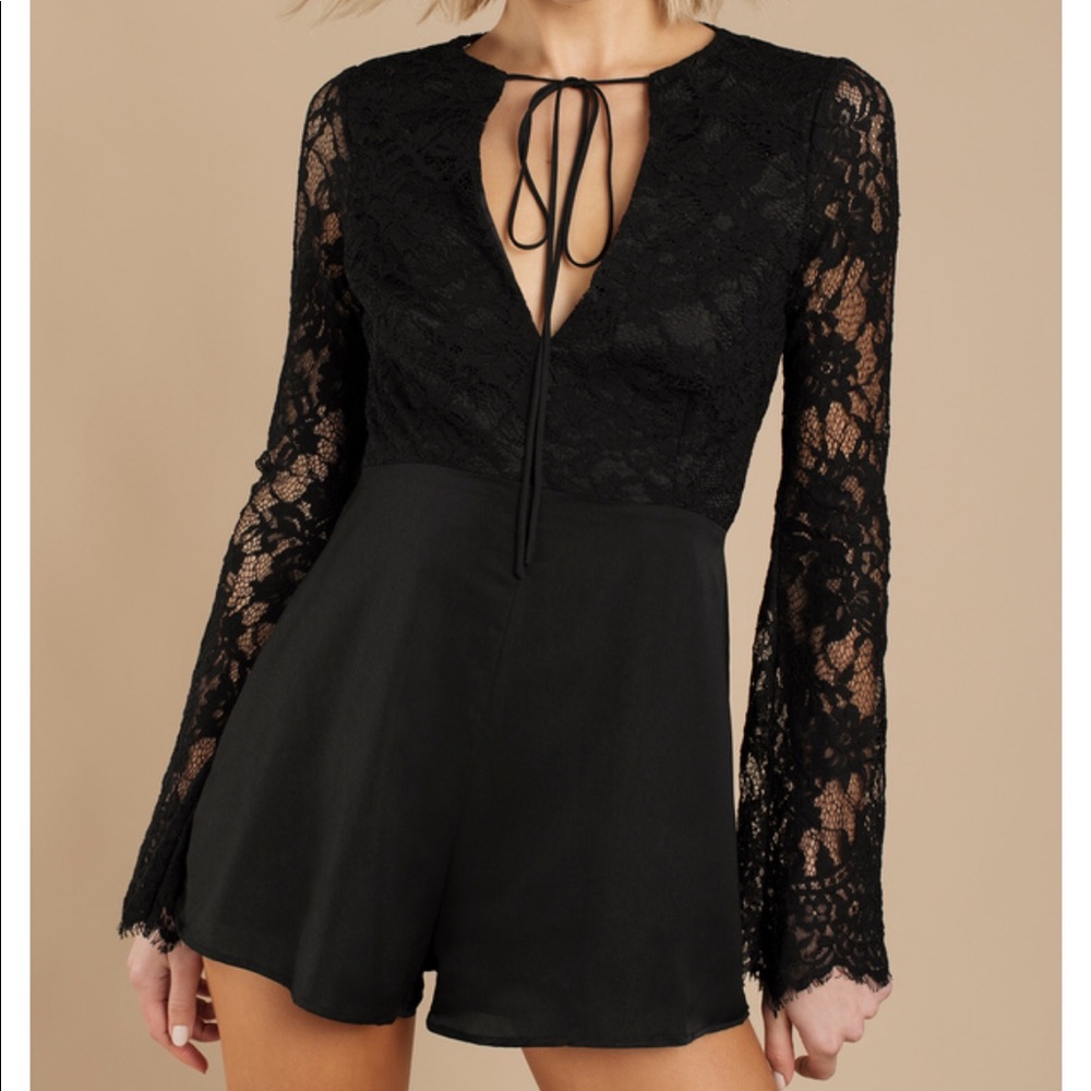 Black lace tie front romper